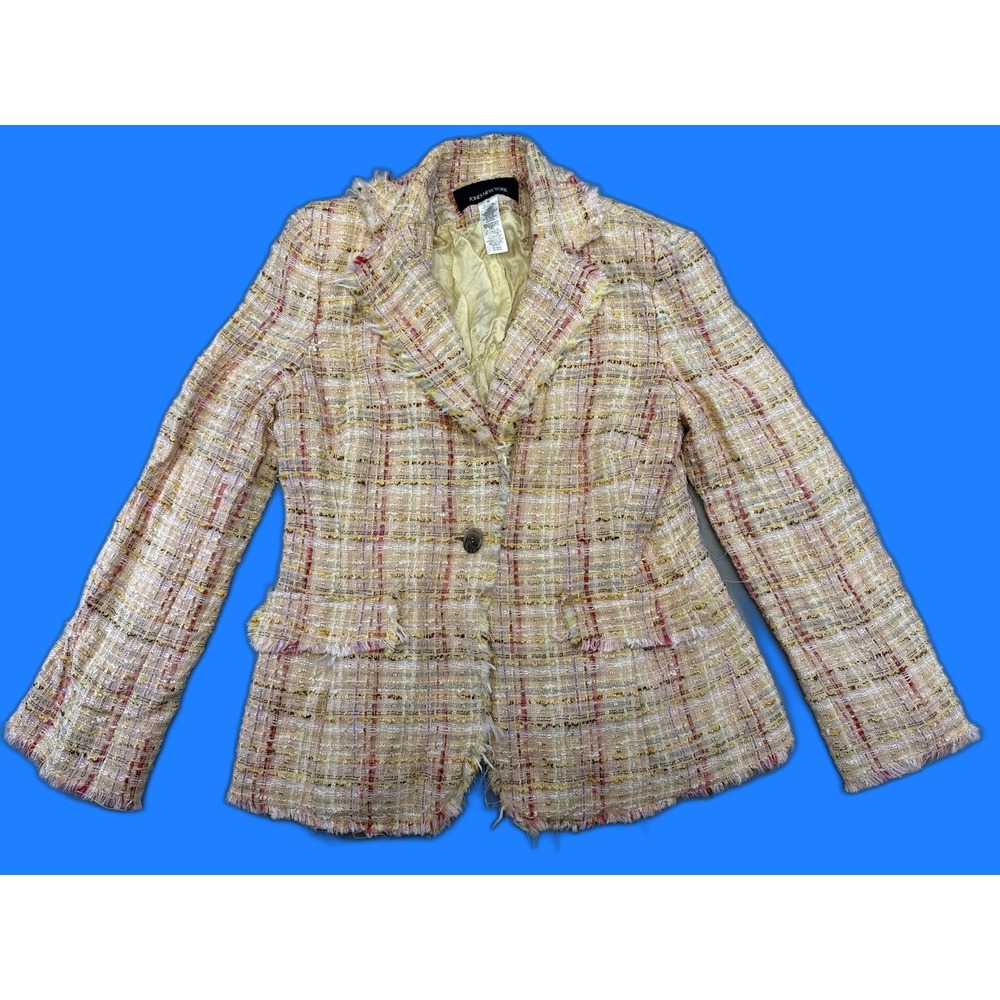 JONES NEW YORK Tweed Blazer Womens 10 Pink Beige Plaid Vintage Fringed Long Silk